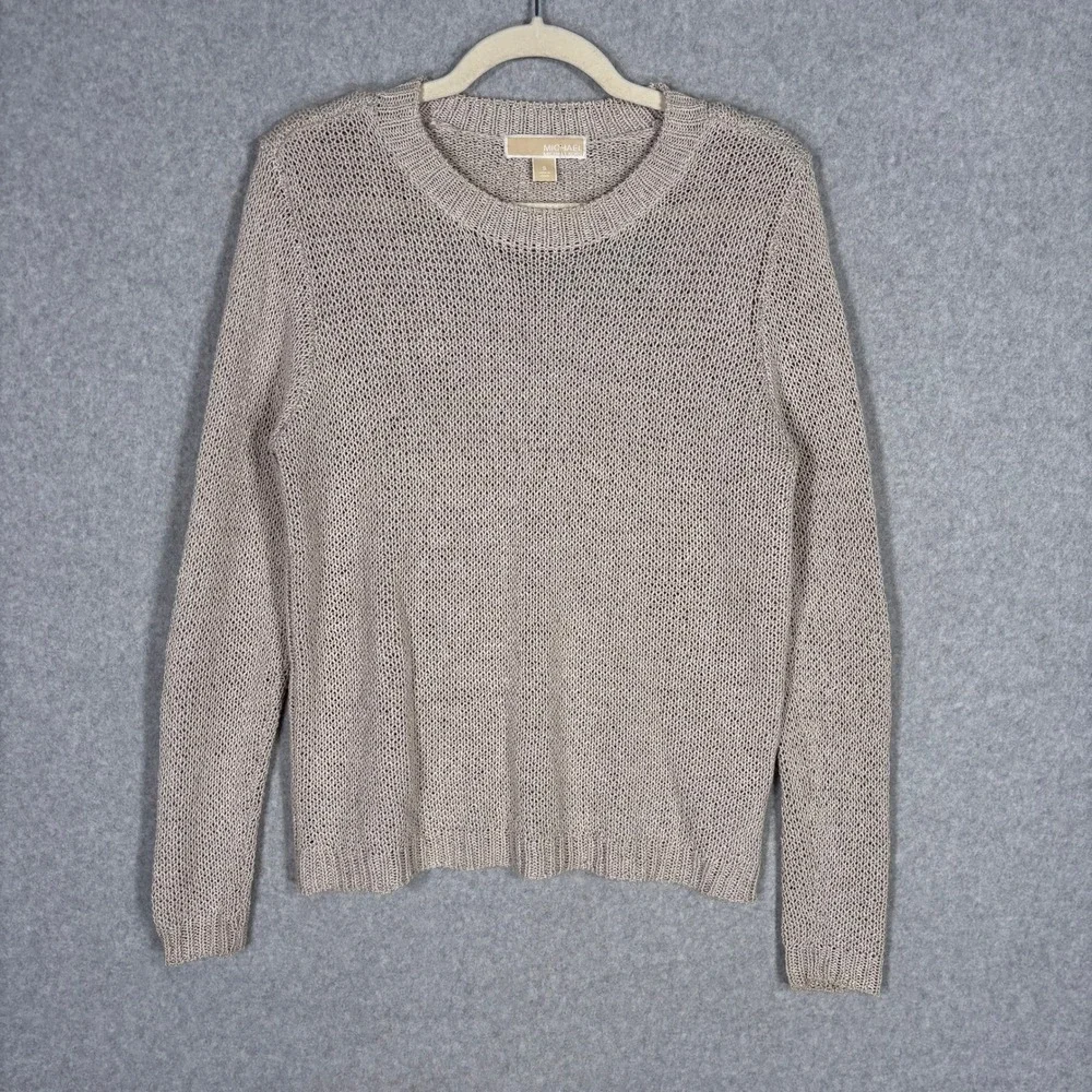 Michael Kors Metallic‎ Thread Open Back Sweater Small Sheer Knit Neutral Shimmer